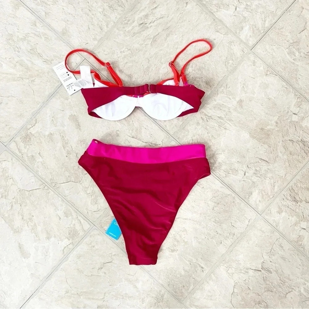 NWT Cupshe Colorblock Hidden Wonders Top XS & V-Front Bikini S Bottom Barbiecore - Picture 2 of 11